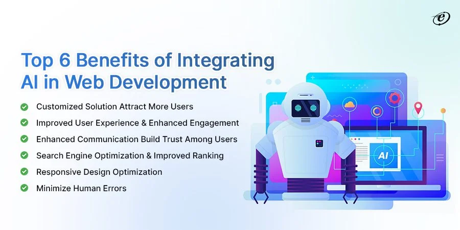 Will Web Development Be Replaced By Ai. the image showing about top 6 benefits of integrating ai in wed development